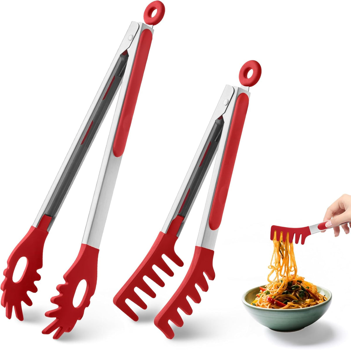 2 PCS Pasta Tong Spaghetti Tongs, 9" & 12-Inch Heat Resistant Pasta Tongs | Spaghetti Server With Teeth Silicone Tong for Serving Food, Cooking, Salad, Spaghetti Noodle, Non-Stick (Red)