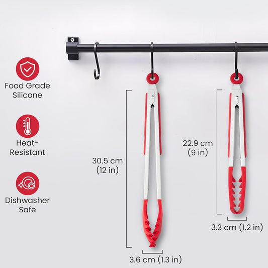 2 PCS Pasta Tong Spaghetti Tongs, 9" & 12-Inch Heat Resistant Pasta Tongs | Spaghetti Server With Teeth Silicone Tong for Serving Food, Cooking, Salad, Spaghetti Noodle, Non-Stick (Red)