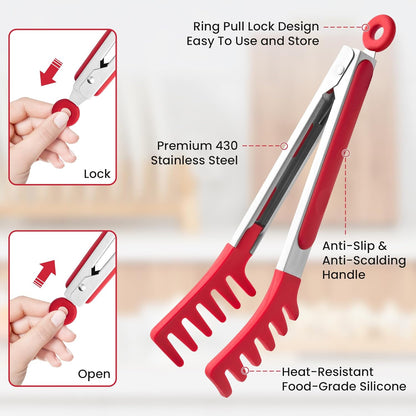 2 PCS Pasta Tong Spaghetti Tongs, 9" & 12-Inch Heat Resistant Pasta Tongs | Spaghetti Server With Teeth Silicone Tong for Serving Food, Cooking, Salad, Spaghetti Noodle, Non-Stick (Red)