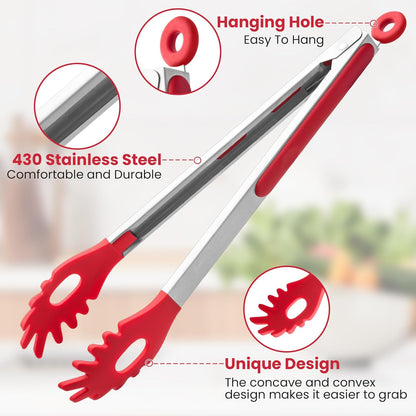 2 PCS Pasta Tong Spaghetti Tongs, 9" & 12-Inch Heat Resistant Pasta Tongs | Spaghetti Server With Teeth Silicone Tong for Serving Food, Cooking, Salad, Spaghetti Noodle, Non-Stick (Red)