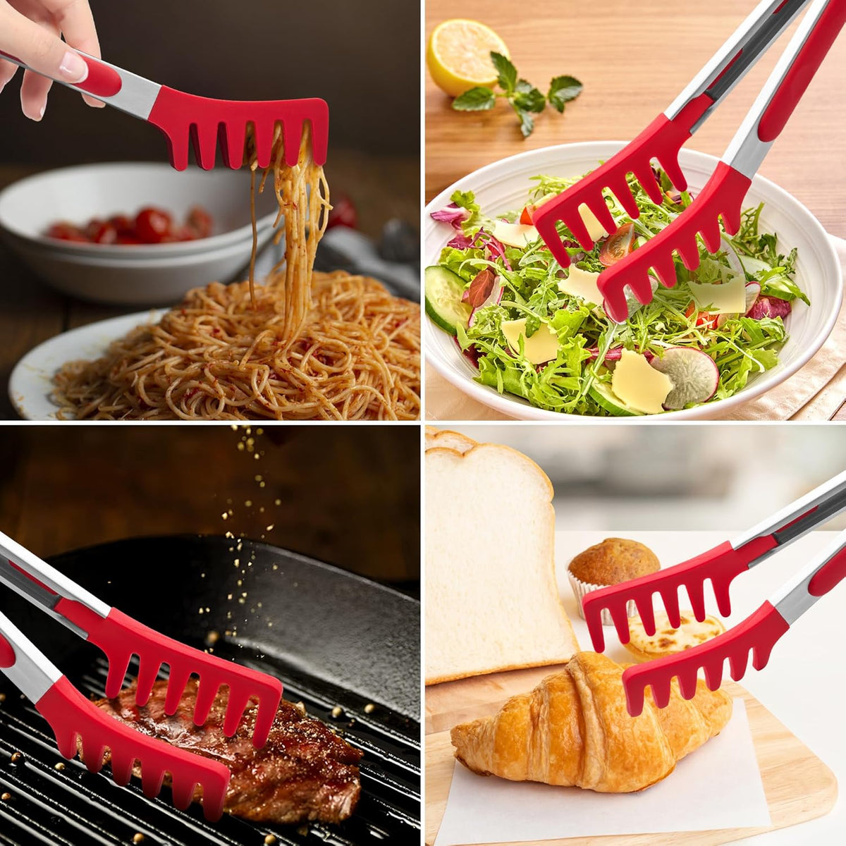 2 PCS Pasta Tong Spaghetti Tongs, 9" & 12-Inch Heat Resistant Pasta Tongs | Spaghetti Server With Teeth Silicone Tong for Serving Food, Cooking, Salad, Spaghetti Noodle, Non-Stick (Red)