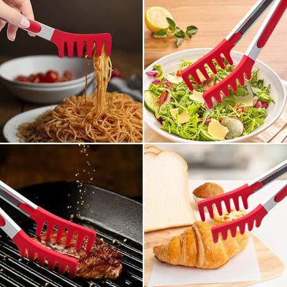 2 PCS Pasta Tong Spaghetti Tongs, 9" & 12-Inch Heat Resistant Pasta Tongs | Spaghetti Server With Teeth Silicone Tong for Serving Food, Cooking, Salad, Spaghetti Noodle, Non-Stick (Red)