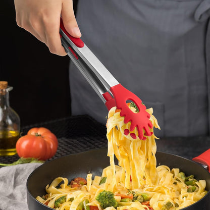2 PCS Pasta Tong Spaghetti Tongs, 9" & 12-Inch Heat Resistant Pasta Tongs | Spaghetti Server With Teeth Silicone Tong for Serving Food, Cooking, Salad, Spaghetti Noodle, Non-Stick (Red)