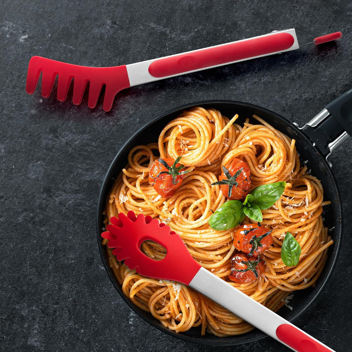 2 PCS Pasta Tong Spaghetti Tongs, 9" & 12-Inch Heat Resistant Pasta Tongs | Spaghetti Server With Teeth Silicone Tong for Serving Food, Cooking, Salad, Spaghetti Noodle, Non-Stick (Red)