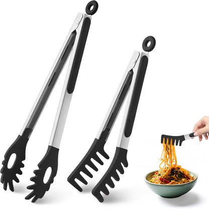 2 PCS Pasta Tong Spaghetti Tongs, 9" & 12-Inch Heat Resistant Pasta Tongs | Spaghetti Server With Teeth Silicone Tong for Serving Food, Cooking, Salad, Spaghetti Noodle, Non-Stick (Red)