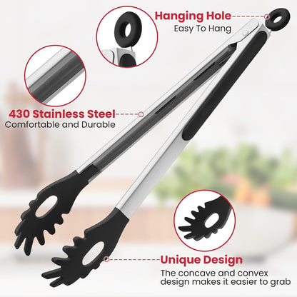 2 PCS Pasta Tong Spaghetti Tongs, 9" & 12-Inch Heat Resistant Pasta Tongs | Spaghetti Server With Teeth Silicone Tong for Serving Food, Cooking, Salad, Spaghetti Noodle, Non-Stick (Red)