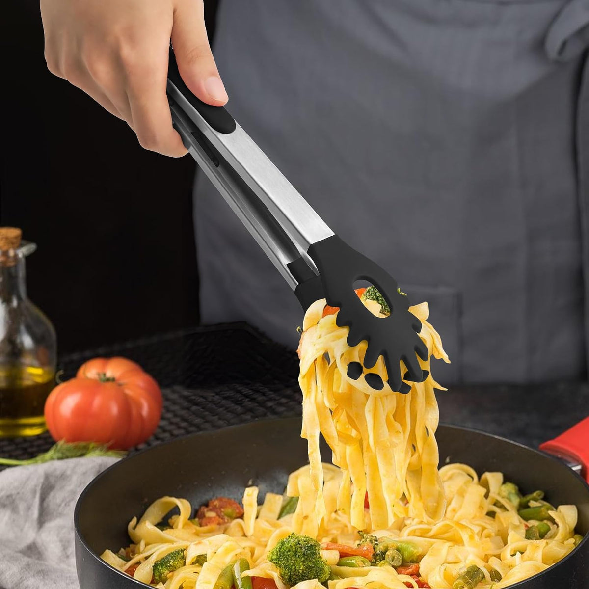 2 PCS Pasta Tong Spaghetti Tongs, 9" & 12-Inch Heat Resistant Pasta Tongs | Spaghetti Server With Teeth Silicone Tong for Serving Food, Cooking, Salad, Spaghetti Noodle, Non-Stick (Red)