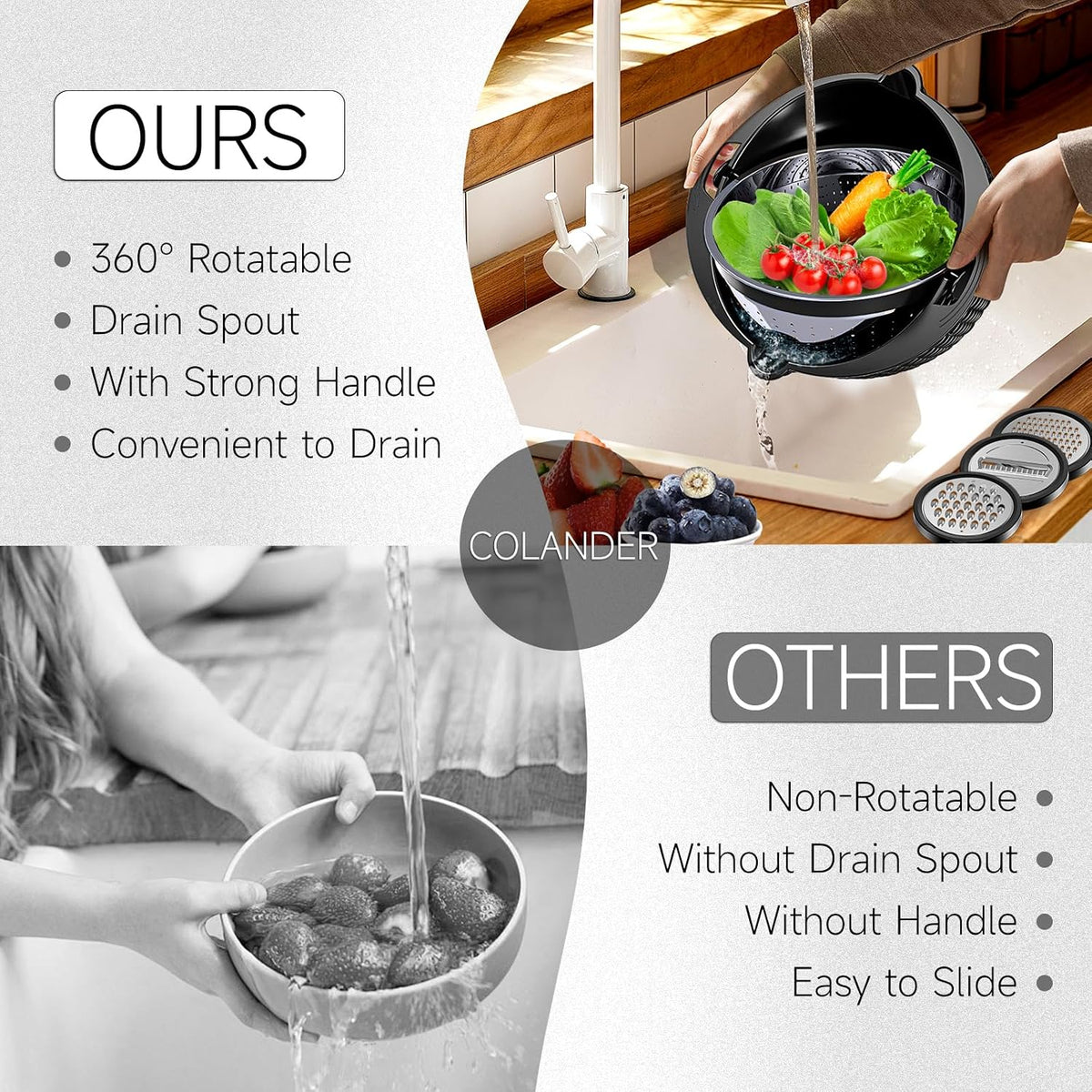 Over the Sink Colander - Strainers and Colanders - Sink Strainer Basket - Expandable Fine Mesh Strainer with Rubber Grip for Veggie, Fruits, Pasta, Home Kitchen Essentials (9.5W x 13.4-21.3L x 3.3H)