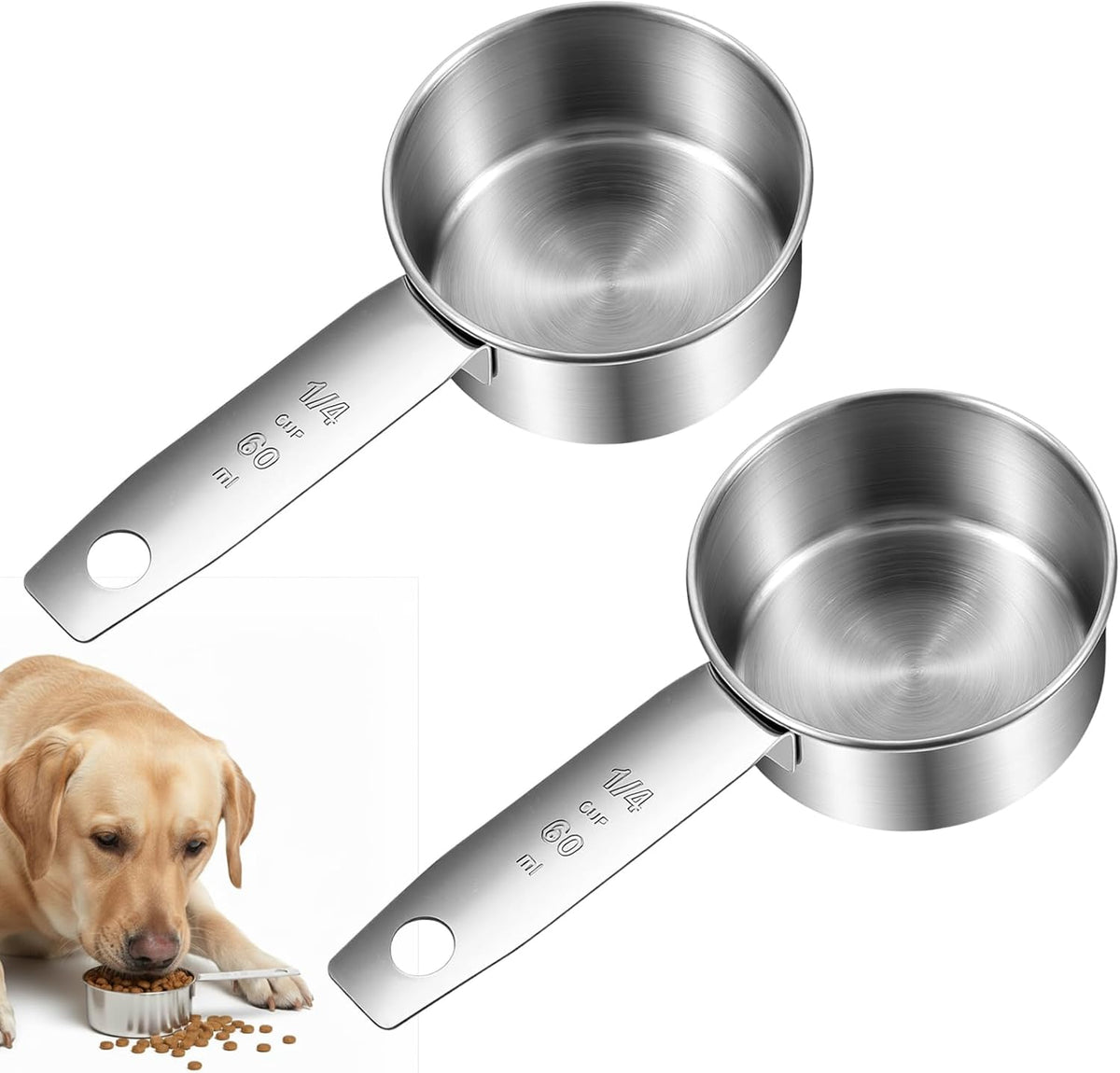 2 Pcs 1/4 Cup Scoop, 1/4 Cup Measuring Scoop, 60 ml Stainless Steel Half Cups Dog Food Measuring Scoops for Feeding Pet, Cat, Dogs, Rabbit, Bird, Wet and Dry Ingredients, Dishwasher Safe