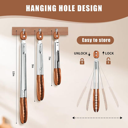Wooden Tongs for Cooking Set of 3 (7",9",12") Natural Walnut Wooden kitchen Tongs for Grilling, Serving, BBQ and Tossing Salad etc | Ergonomic Stainless Steel Non-Slip Grip, Heat Resistant, Pull Lock
