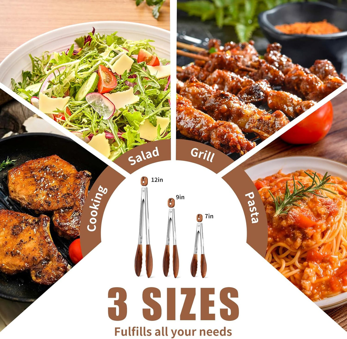 Wooden Tongs for Cooking Set of 3 (7",9",12") Natural Walnut Wooden kitchen Tongs for Grilling, Serving, BBQ and Tossing Salad etc | Ergonomic Stainless Steel Non-Slip Grip, Heat Resistant, Pull Lock