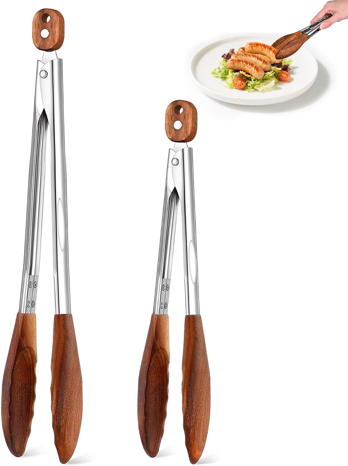Wooden Tongs for Cooking Set of 3 (7",9",12") Natural Walnut Wooden kitchen Tongs for Grilling, Serving, BBQ and Tossing Salad etc | Ergonomic Stainless Steel Non-Slip Grip, Heat Resistant, Pull Lock