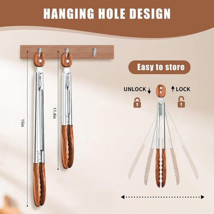 Wooden Tongs for Cooking Set of 3 (7",9",12") Natural Walnut Wooden kitchen Tongs for Grilling, Serving, BBQ and Tossing Salad etc | Ergonomic Stainless Steel Non-Slip Grip, Heat Resistant, Pull Lock