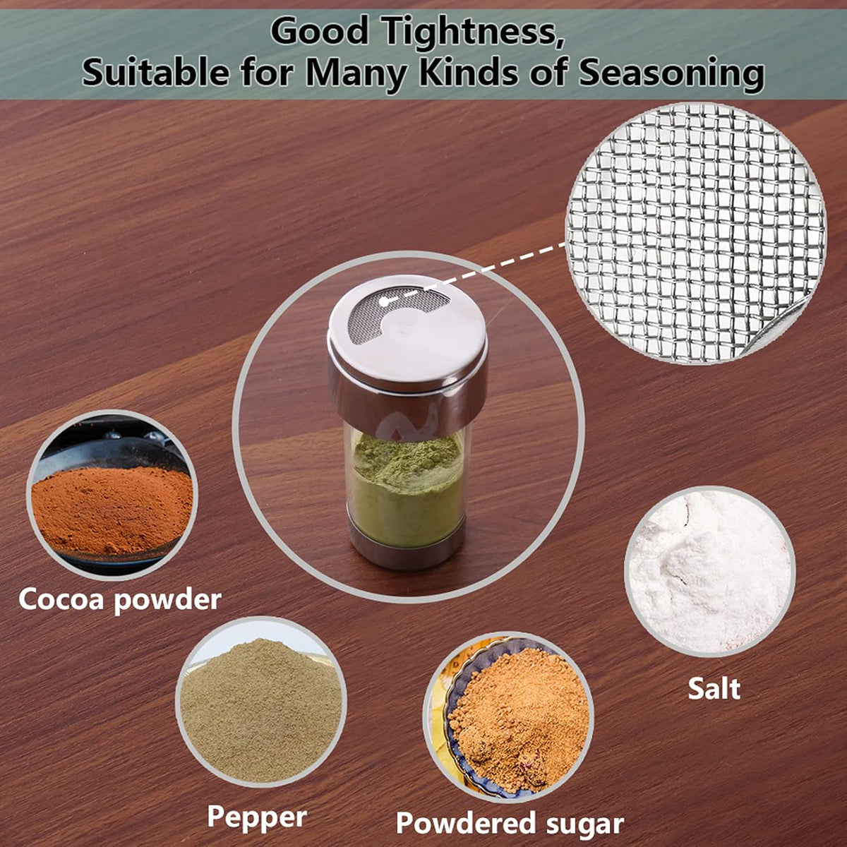 Newness Mesh Shaker or Salt Shaker, Stainless Steel Salt Dispenser, Clear Acrylic Seasoning Fine Mesh Shaker with Rotating Cover, 3.7 Ounces (110 Milliliter)