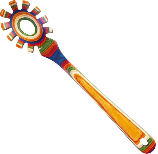 Baltique Marrakesh Collection Wooden Spaghetti Spoon – 12.5" Pasta Server with Teeth, Colorful Birch Wood Utensil for Portioning, Stirring & Serving Noodles