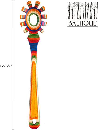 Baltique Marrakesh Collection Wooden Spaghetti Spoon – 12.5" Pasta Server with Teeth, Colorful Birch Wood Utensil for Portioning, Stirring & Serving Noodles