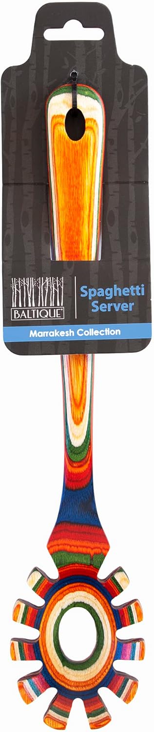 Baltique Marrakesh Collection Wooden Spaghetti Spoon – 12.5" Pasta Server with Teeth, Colorful Birch Wood Utensil for Portioning, Stirring & Serving Noodles