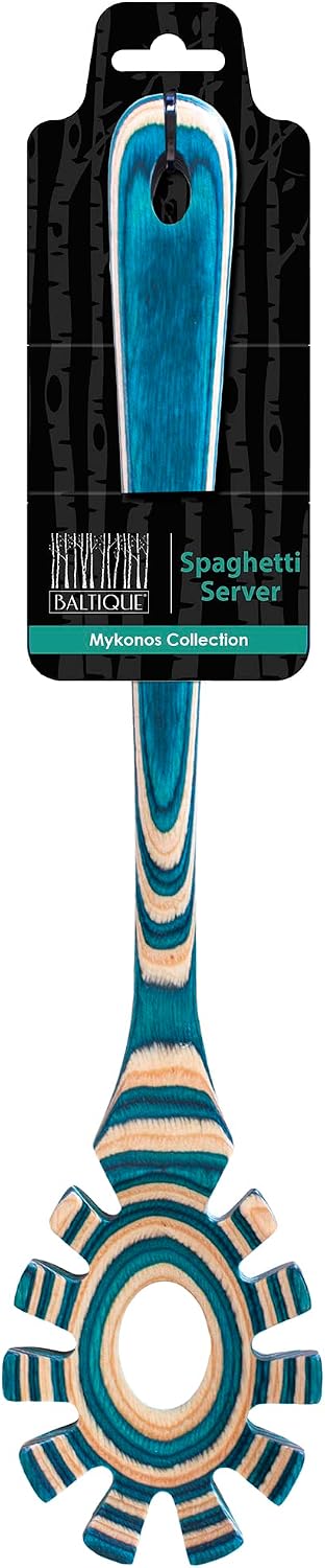 Baltique Marrakesh Collection Wooden Spaghetti Spoon – 12.5" Pasta Server with Teeth, Colorful Birch Wood Utensil for Portioning, Stirring & Serving Noodles
