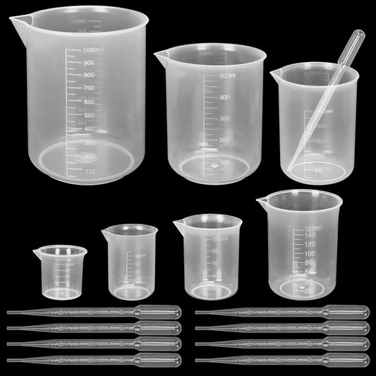 7 Sizes Plastic Beaker Set,Clear Measuring Graduated Liquid Container Beakers in 30ml/50ml/100ml/150ml/250ml/500ml/1000ml for Laboratory Measuring with 20 PCS Plastic Droppers in 3 ml