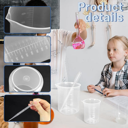 7 Sizes Plastic Beaker Set,Clear Measuring Graduated Liquid Container Beakers in 30ml/50ml/100ml/150ml/250ml/500ml/1000ml for Laboratory Measuring with 20 PCS Plastic Droppers in 3 ml
