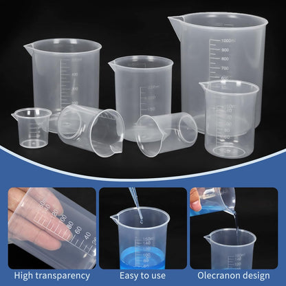 7 Sizes Plastic Beaker Set,Clear Measuring Graduated Liquid Container Beakers in 30ml/50ml/100ml/150ml/250ml/500ml/1000ml for Laboratory Measuring with 20 PCS Plastic Droppers in 3 ml