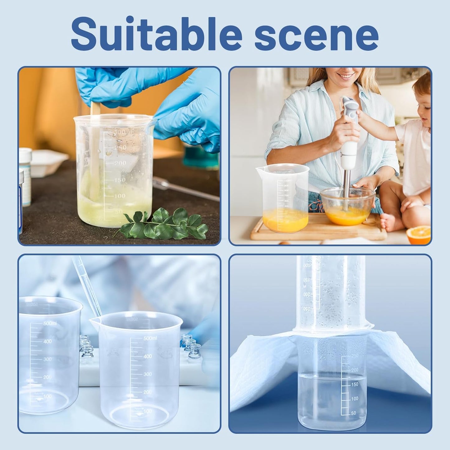 7 Sizes Plastic Beaker Set,Clear Measuring Graduated Liquid Container Beakers in 30ml/50ml/100ml/150ml/250ml/500ml/1000ml for Laboratory Measuring with 20 PCS Plastic Droppers in 3 ml
