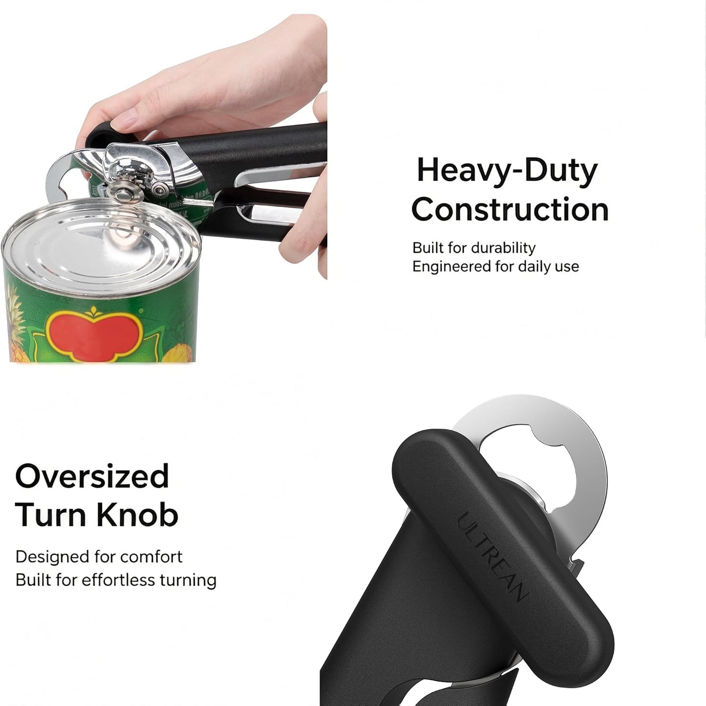Can Opener Manual, Heavy Duty Stainless Steel Smooth Edge Can Opener with Ergonomic Handles and Oversized Easy Turn Knob for Seniors, Black