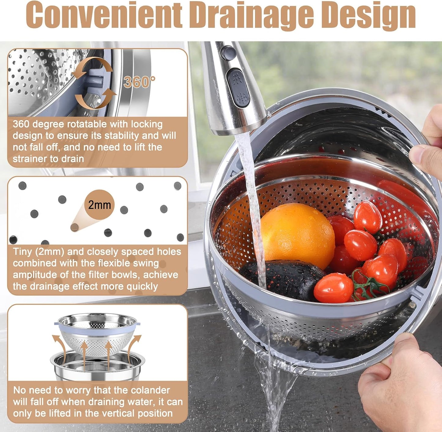Mixing Bowls with Colander Set, Stainless Steel Strainer and Nesting Salad Bowls, with Lids & 3 Graters, Non-Slip Bottom & Visible Lid, Rotatable & Dishwasher Safe, 4.6/3/1.5 QT, Khaki