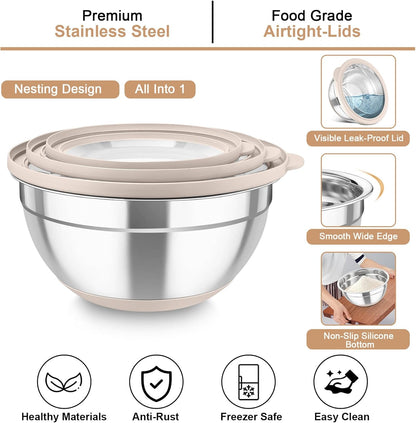 Mixing Bowls with Colander Set, Stainless Steel Strainer and Nesting Salad Bowls, with Lids & 3 Graters, Non-Slip Bottom & Visible Lid, Rotatable & Dishwasher Safe, 4.6/3/1.5 QT, Khaki