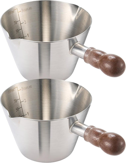 3.4oz Espresso Cups Set 2, Stainless Steel with Wooden Handles