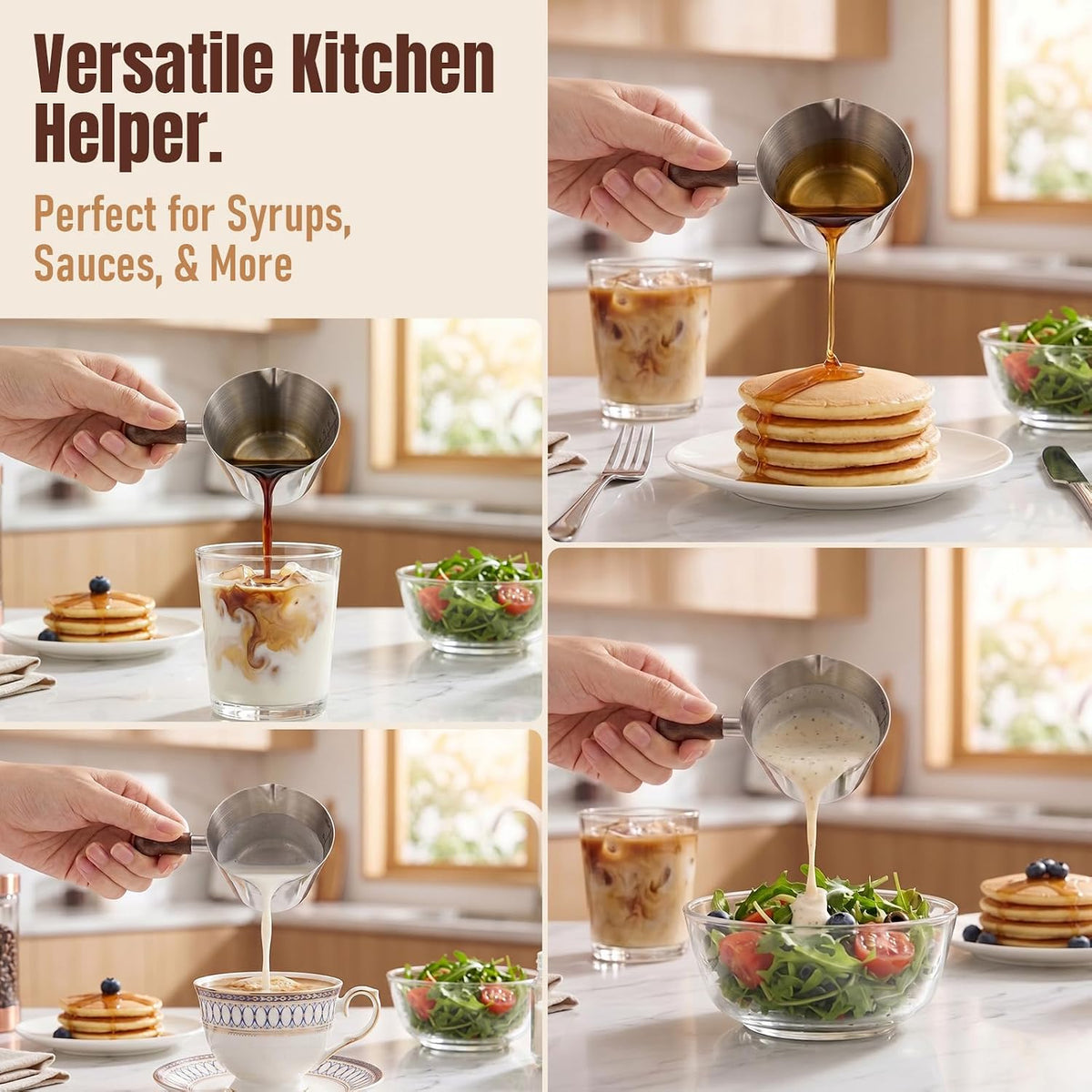 3.4oz Espresso Cups Set 2, Stainless Steel with Wooden Handles
