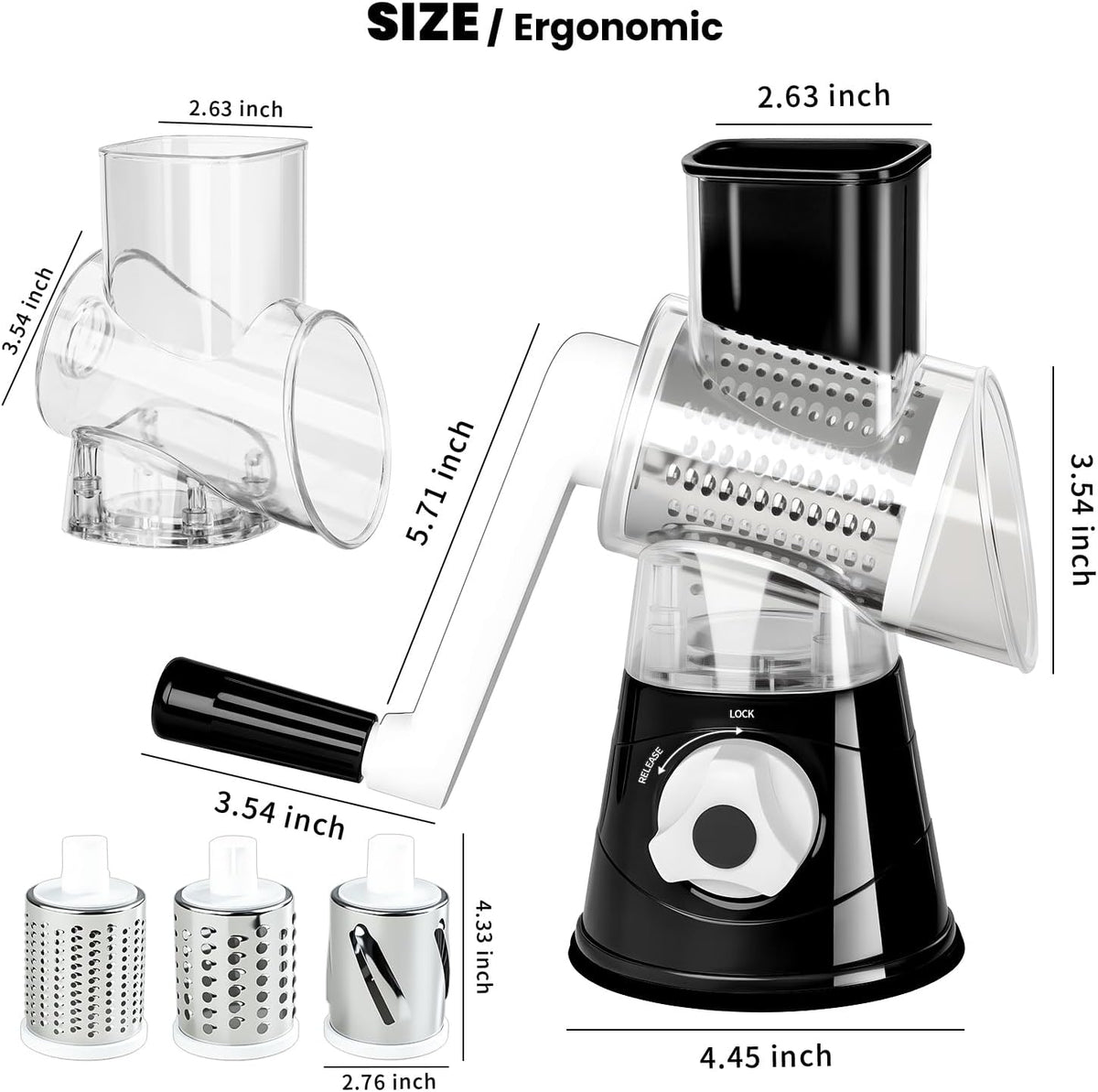 Rotary Cheese Grater Hand Crank Cheese Shredder with 3 Stainless Steel Blades, Rotary Grater, for Fresh Cheese, Vegetable, Nuts,Non-slip Suction Base, Black