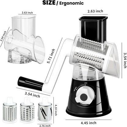 Rotary Cheese Grater Hand Crank Cheese Shredder with 3 Stainless Steel Blades, Rotary Grater, for Fresh Cheese, Vegetable, Nuts,Non-slip Suction Base, Black