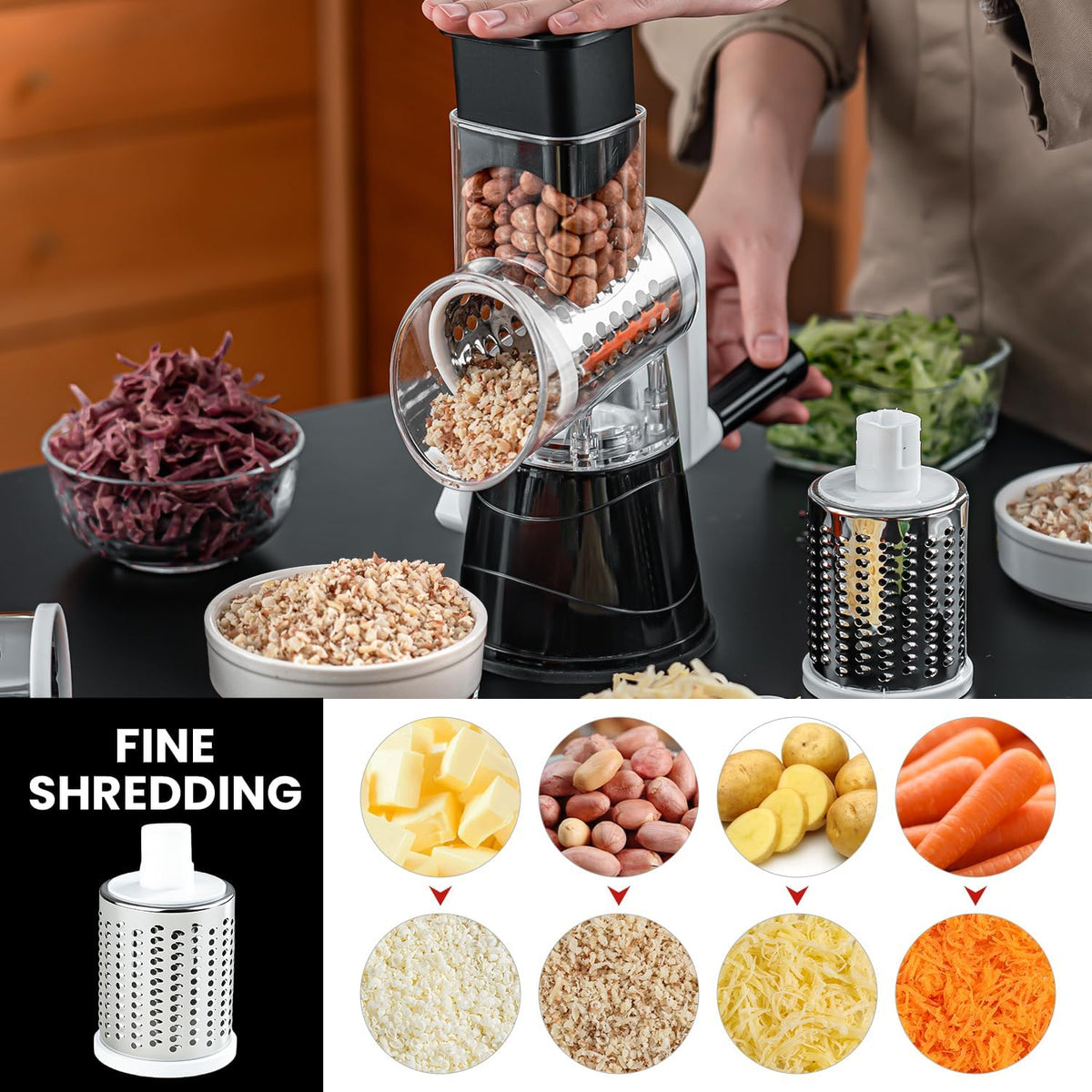 Rotary Cheese Grater Hand Crank Cheese Shredder with 3 Stainless Steel Blades, Rotary Grater, for Fresh Cheese, Vegetable, Nuts,Non-slip Suction Base, Black