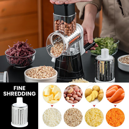 Rotary Cheese Grater Hand Crank Cheese Shredder with 3 Stainless Steel Blades, Rotary Grater, for Fresh Cheese, Vegetable, Nuts,Non-slip Suction Base, Black