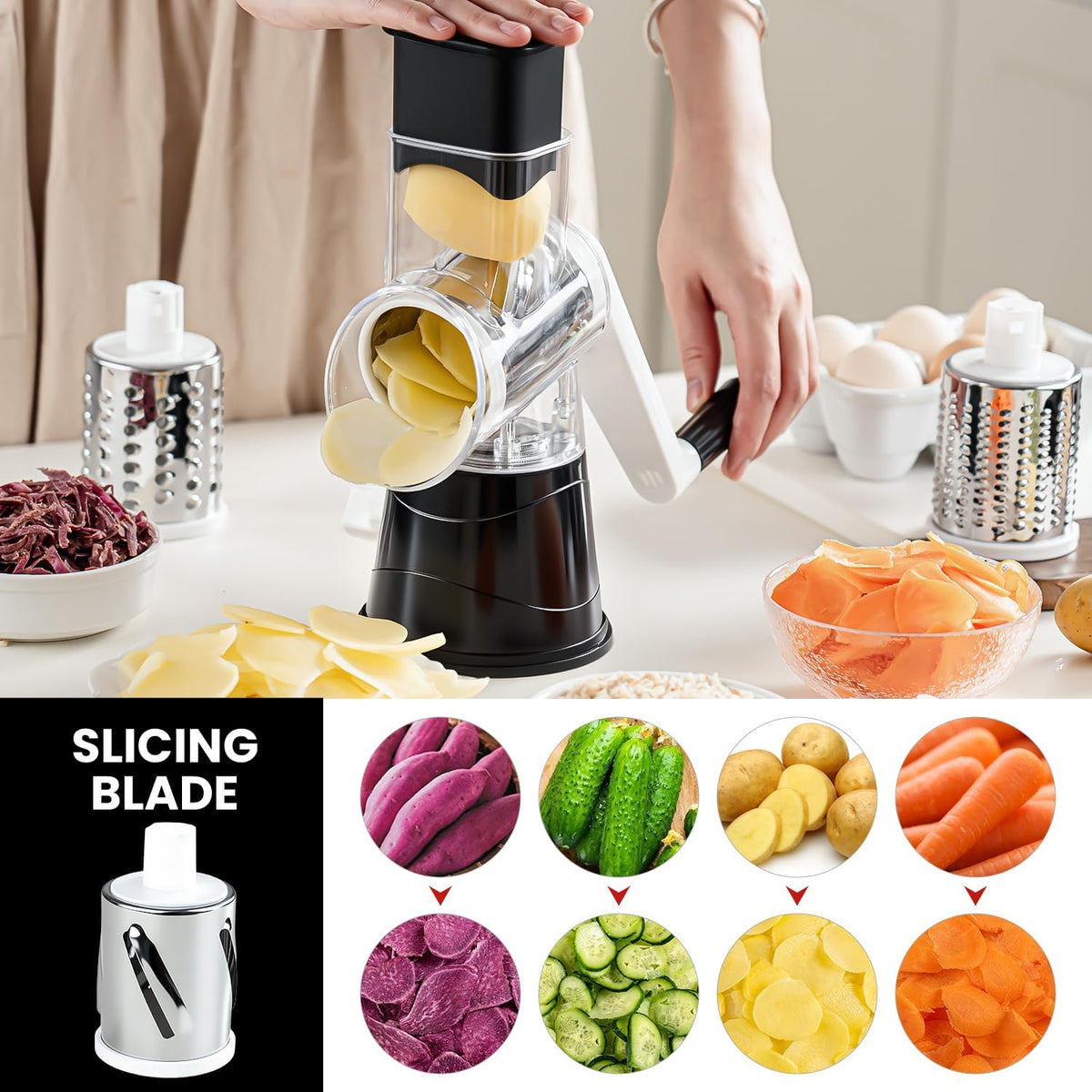 Rotary Cheese Grater Hand Crank Cheese Shredder with 3 Stainless Steel Blades, Rotary Grater, for Fresh Cheese, Vegetable, Nuts,Non-slip Suction Base, Black