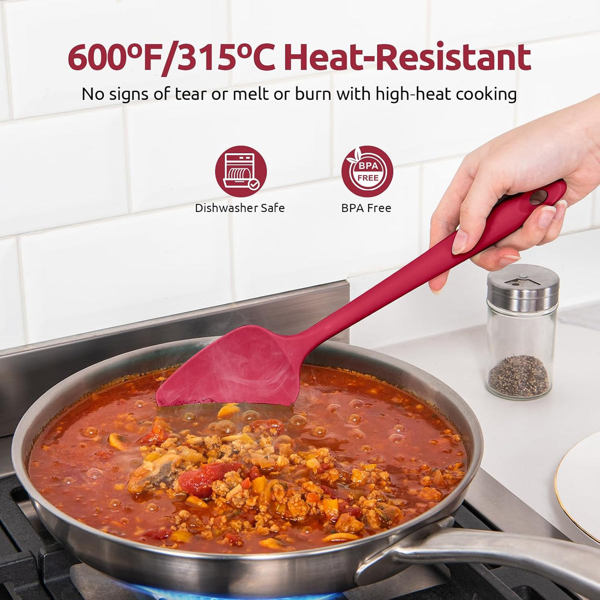 Silicone Spoon Spatula Set of 3, 600°F Heat Resistant, Multicolor