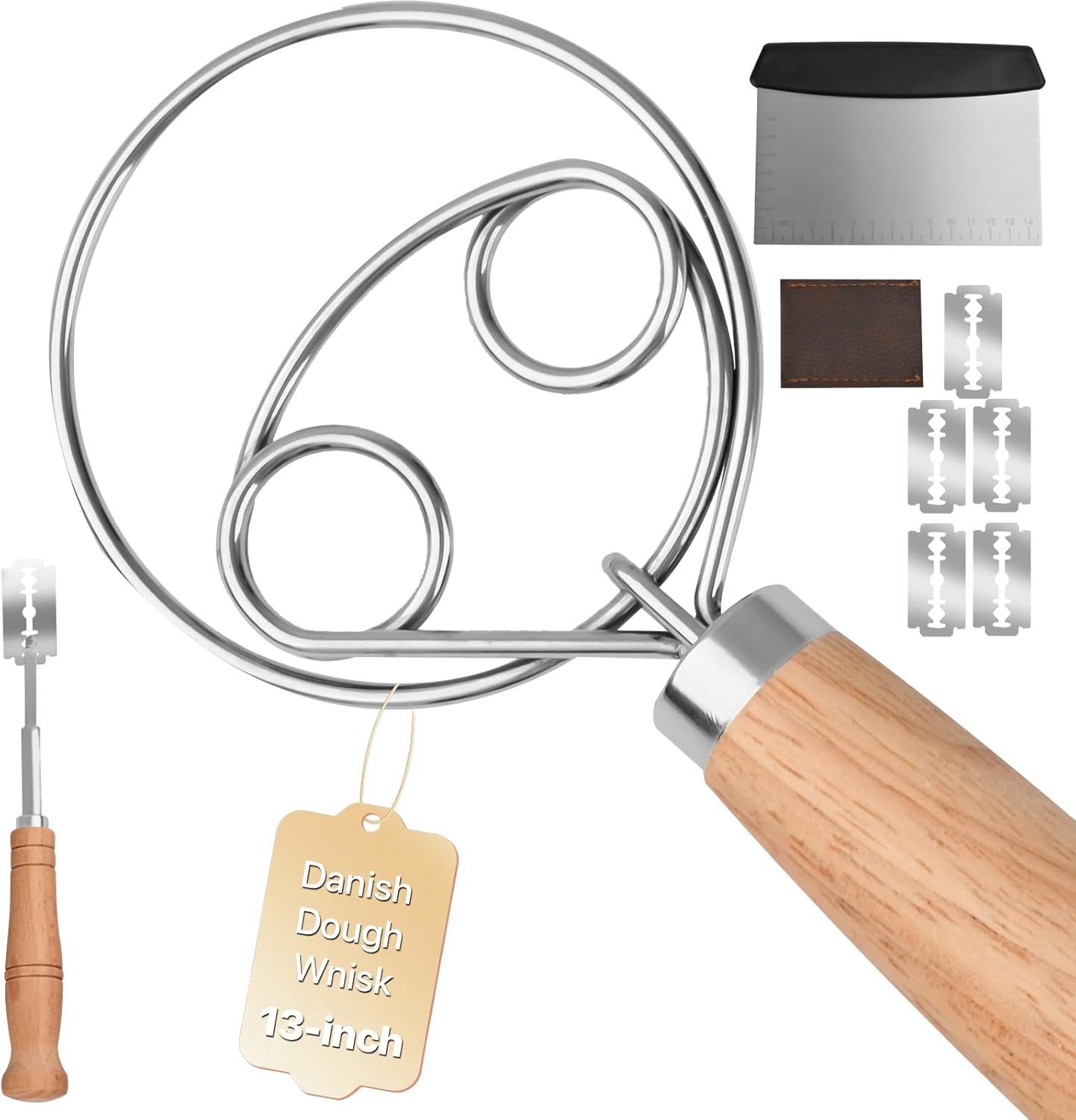 Sourdough Whisk Set: Danish Dough Whisk, Dough Scraper, Bread Scoring Lame | 3 in 1 Sour Dough Starter Kit, Gift for Baking Beginner, Includes All tools for Mixing, Dividing, and Scoring Dutch Bread.