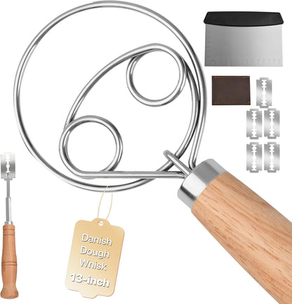 Sourdough Whisk Set: Danish Dough Whisk, Dough Scraper, Bread Scoring Lame | 3 in 1 Sour Dough Starter Kit, Gift for Baking Beginner, Includes All tools for Mixing, Dividing, and Scoring Dutch Bread.