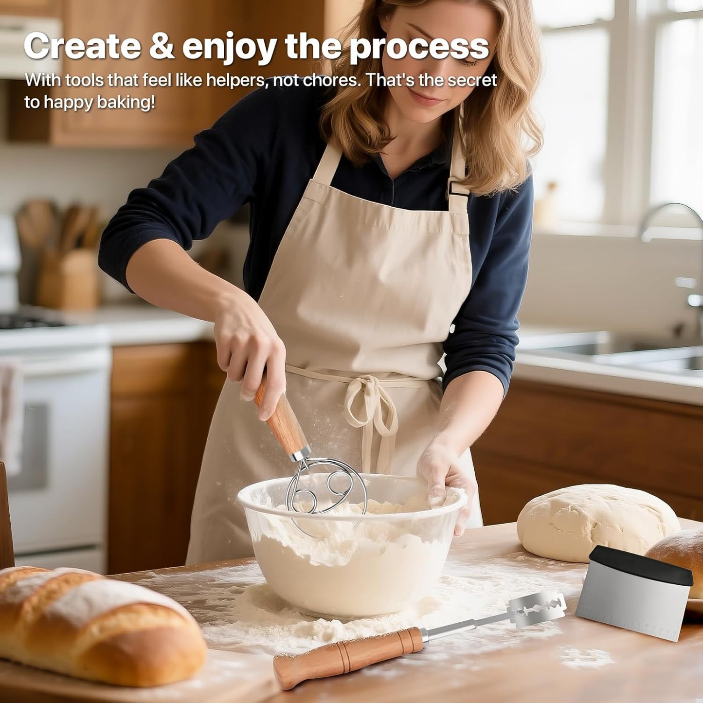 Sourdough Whisk Set: Danish Dough Whisk, Dough Scraper, Bread Scoring Lame | 3 in 1 Sour Dough Starter Kit, Gift for Baking Beginner, Includes All tools for Mixing, Dividing, and Scoring Dutch Bread.