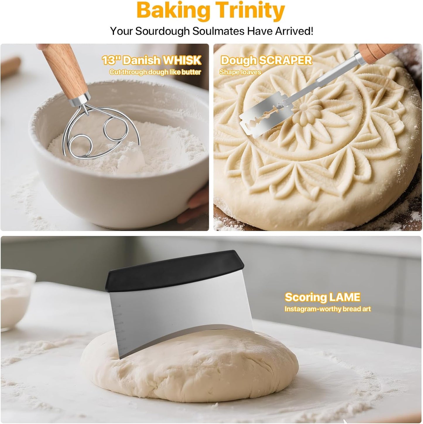 Sourdough Whisk Set: Danish Dough Whisk, Dough Scraper, Bread Scoring Lame | 3 in 1 Sour Dough Starter Kit, Gift for Baking Beginner, Includes All tools for Mixing, Dividing, and Scoring Dutch Bread.