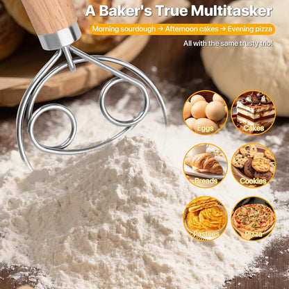 Sourdough Whisk Set: Danish Dough Whisk, Dough Scraper, Bread Scoring Lame | 3 in 1 Sour Dough Starter Kit, Gift for Baking Beginner, Includes All tools for Mixing, Dividing, and Scoring Dutch Bread.