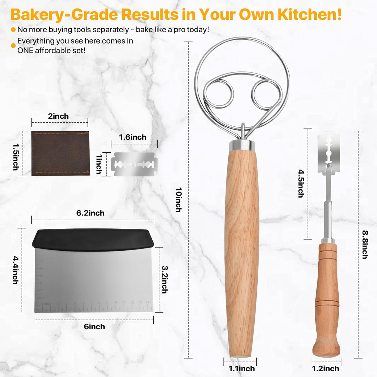 Sourdough Whisk Set: Danish Dough Whisk, Dough Scraper, Bread Scoring Lame | 3 in 1 Sour Dough Starter Kit, Gift for Baking Beginner, Includes All tools for Mixing, Dividing, and Scoring Dutch Bread.