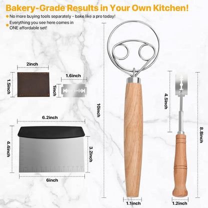 Sourdough Whisk Set: Danish Dough Whisk, Dough Scraper, Bread Scoring Lame | 3 in 1 Sour Dough Starter Kit, Gift for Baking Beginner, Includes All tools for Mixing, Dividing, and Scoring Dutch Bread.