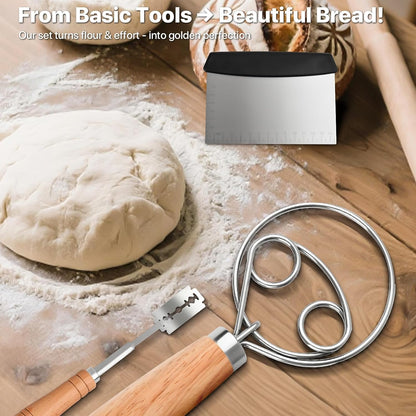 Sourdough Whisk Set: Danish Dough Whisk, Dough Scraper, Bread Scoring Lame | 3 in 1 Sour Dough Starter Kit, Gift for Baking Beginner, Includes All tools for Mixing, Dividing, and Scoring Dutch Bread.