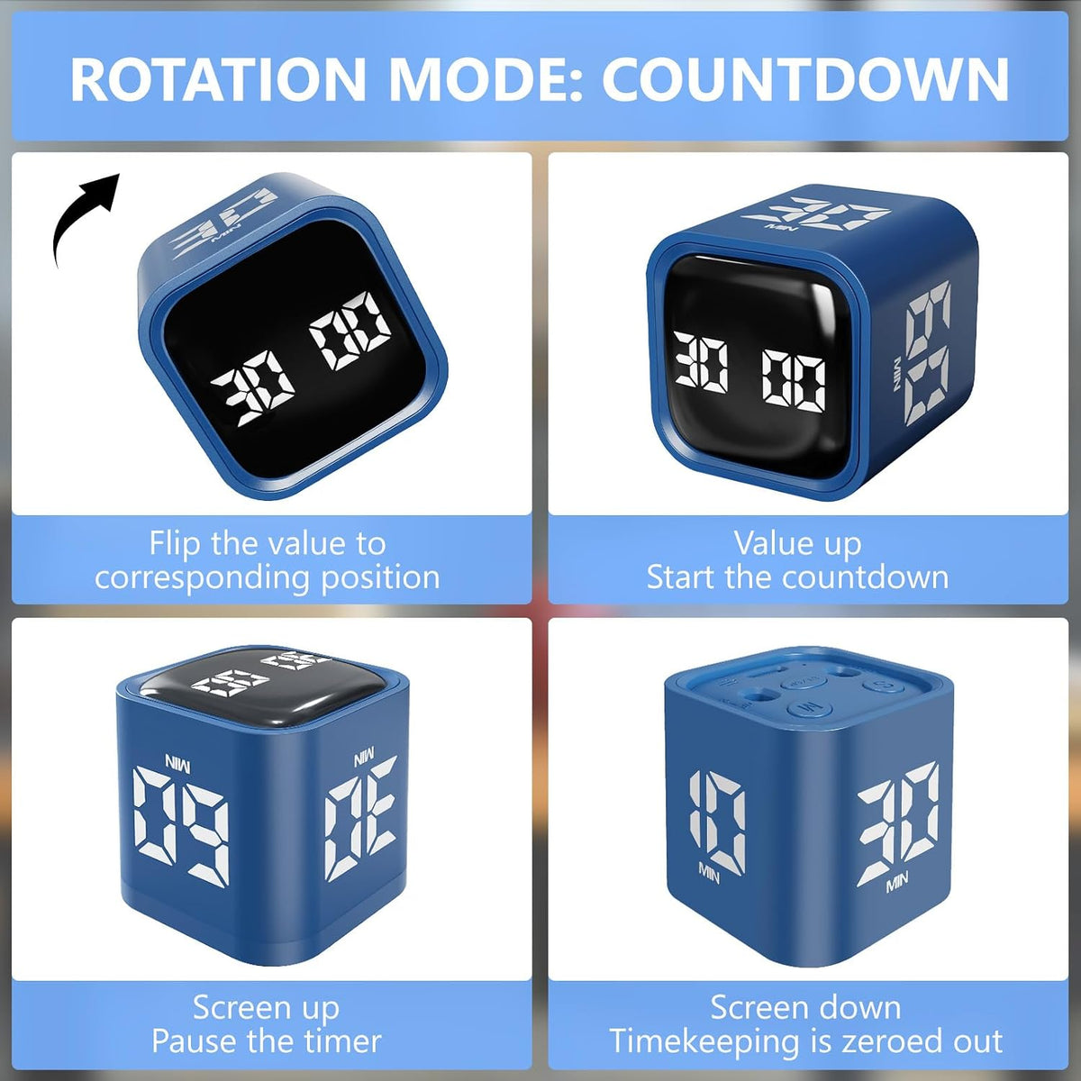 Multi-Function Cube Timer, 5/10/30/60 Min & Custom Count Down, Included Pause & Resume Feature, Silent, Vibrate & Adjustable Sound Alarm for Productivity in Tasks, Study & Kitchen, Purple