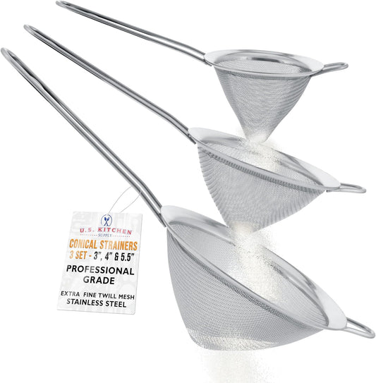 Set of 3 Stainless Steel Conical Strainers - 3", 4" & 5.5" Sizes - Chinois Style, Extra Fine Twill Mesh Sieve, Stainless Steel Strainers and Colanders for Kitchen