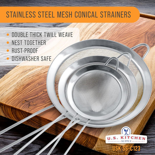 Set of 3 Stainless Steel Conical Strainers - 3", 4" & 5.5" Sizes - Chinois Style, Extra Fine Twill Mesh Sieve, Stainless Steel Strainers and Colanders for Kitchen