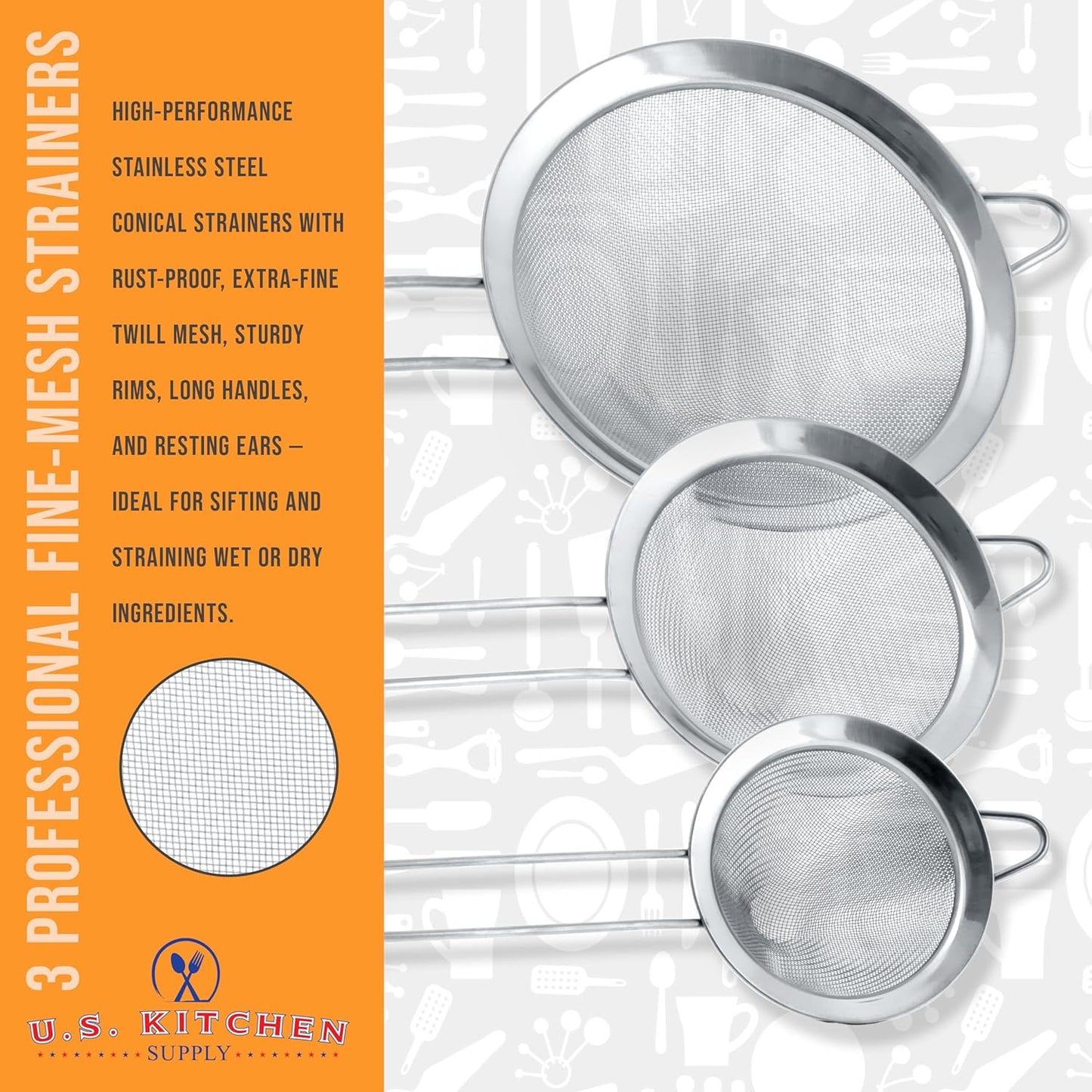Set of 3 Stainless Steel Conical Strainers - 3", 4" & 5.5" Sizes - Chinois Style, Extra Fine Twill Mesh Sieve, Stainless Steel Strainers and Colanders for Kitchen