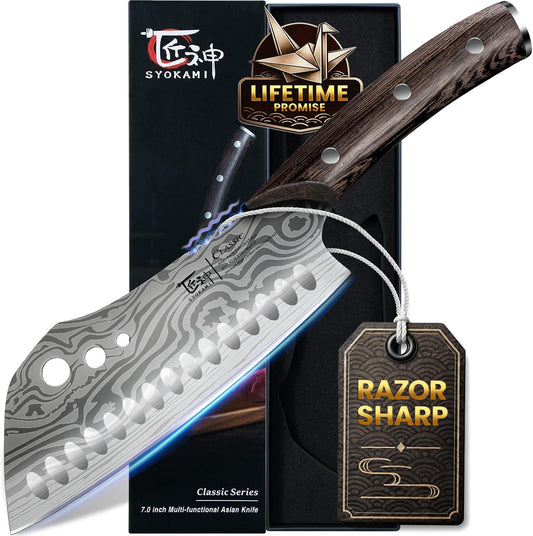 Cleaver Chef Knife with Herb Stripper, 7" Asian Kitchen Knife | 3-in-1 Combined with Chef's Knife, Santoku, Nakiri for Slicing, Chopping, Dicing, Mincing, Housewarming Birthday Cooking Gift
